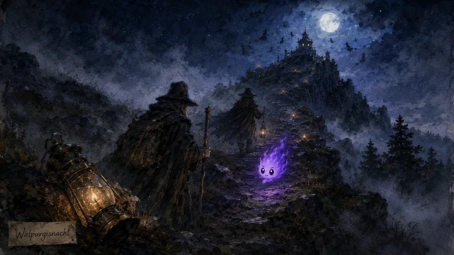 Two cloaked travellers climbing the Brocken at night, a small purple Irrlicht flame guiding their way under a full moon