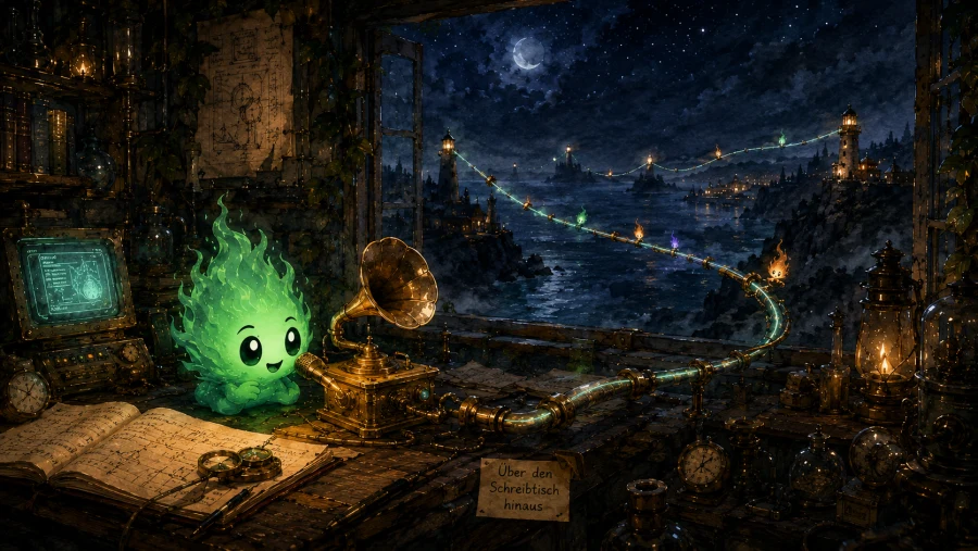 An alchemist's workshop window opening onto a starlit harbour at night, a brass aether-coil snaking from the workbench out to distant lighthouses across a foggy sea, a green Irrlicht beside a brass phonograph horn