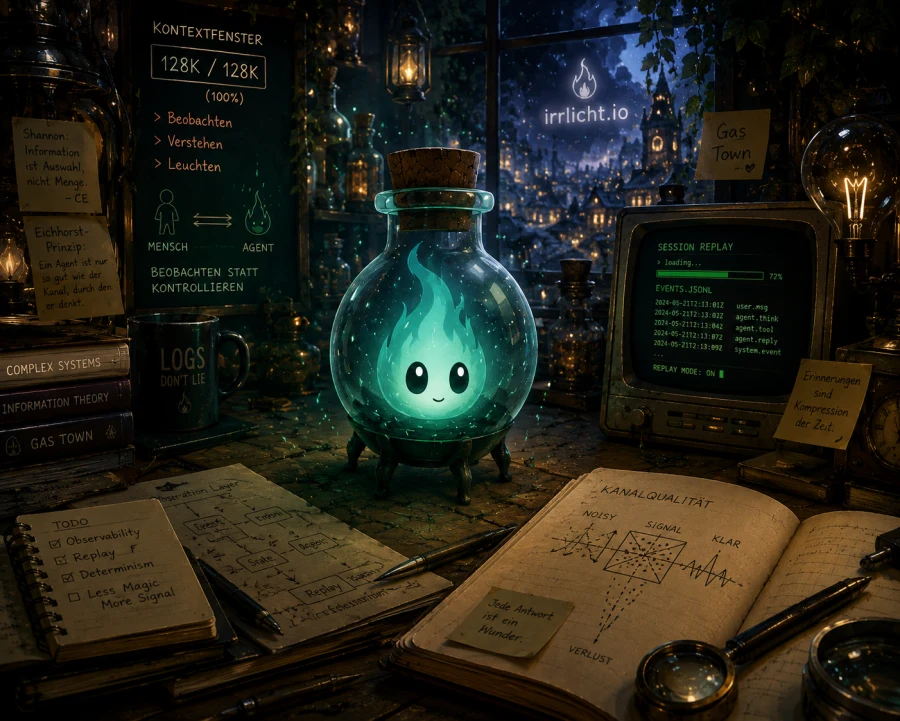 A small green flame in a glass flask on an alchemist's workbench, surrounded by notebooks, gauges, and old screens