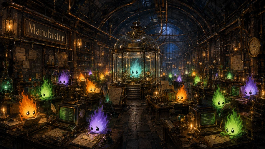 A long vaulted workshop hall with rows of brass terminals, many small green, orange, and purple Irrlicht flames working at the desks, a central glass dome housing a master flame