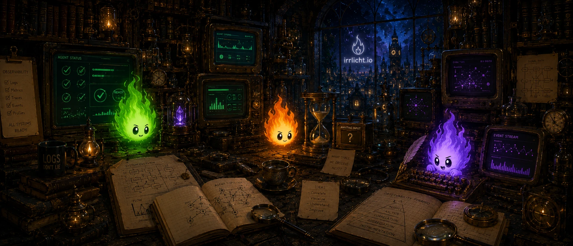 A vintage alchemist's workbench at night with green, orange, and purple Irrlicht mascots watching old terminals, notebooks, and gauges