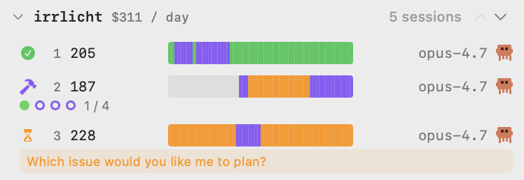 Session rows showing per-row colored history timelines and a waiting-question block