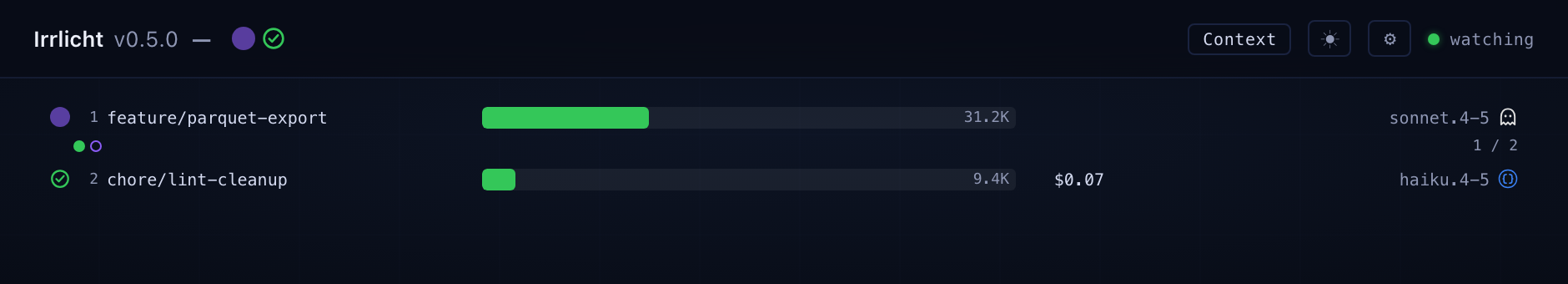 A Kiro CLI session row showing a live context bar, task progress 1/2, and the model name