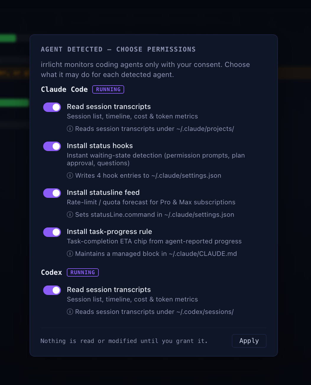 Permission wizard listing Claude Code and Codex with per-permission toggles, what each permission touches, and an Apply button
