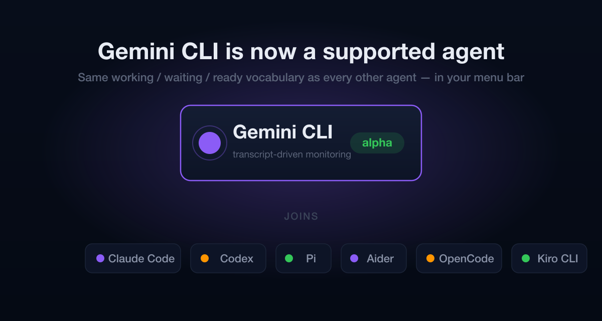 Gemini CLI shown as a newly supported agent alongside Claude Code, Codex, Pi, Aider, OpenCode and Kiro CLI