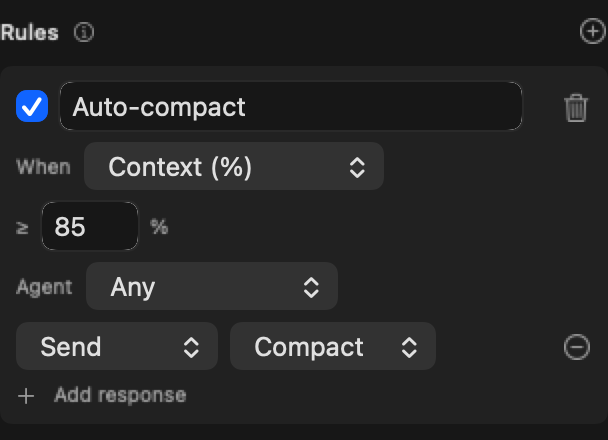The Backchannel Rules editor showing an Auto-compact rule: when Context (%) is at least 85 for any agent, Send the Compact command