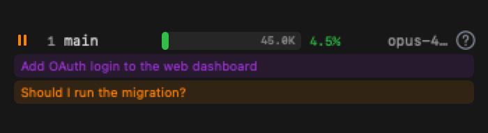 A session row leading with a purple intent block 'Add OAuth login to the web dashboard' and an amber waiting block 'Should I run the migration?'