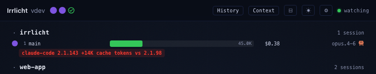 A red badge under a session row reading claude-code 2.1.143 +14K cache tokens vs 2.1.98