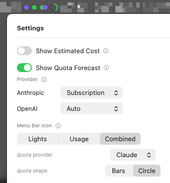 Settings panel showing the new menu bar icon style picker (Lights / Usage / Combined), a quota provider picker, and a quota shape picker (Bars / Circle)