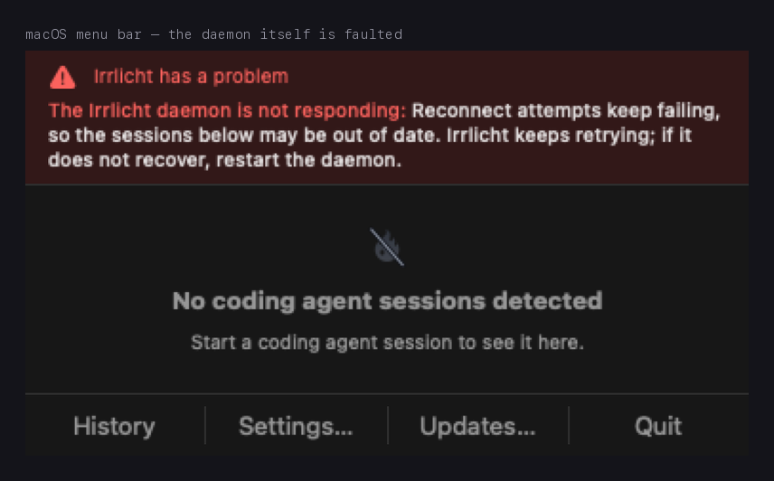 The macOS panel with a red banner reading "Irrlicht has a problem &mdash; the Irrlicht daemon is not responding"