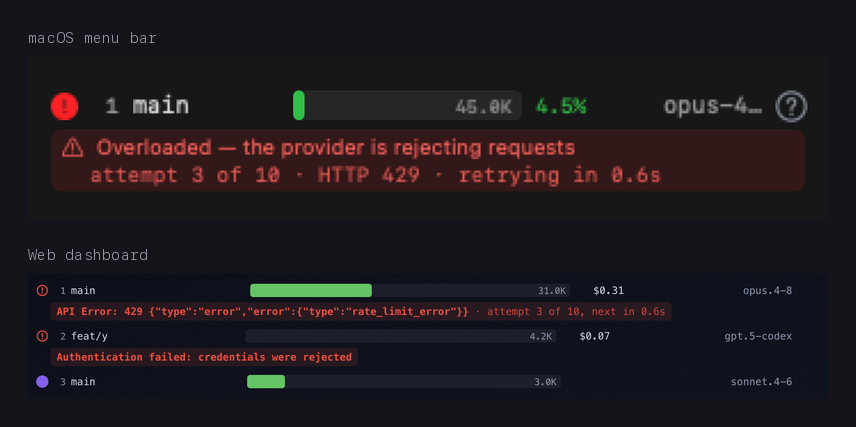 A macOS session row and three web dashboard rows, each showing a red error state with the provider's own message