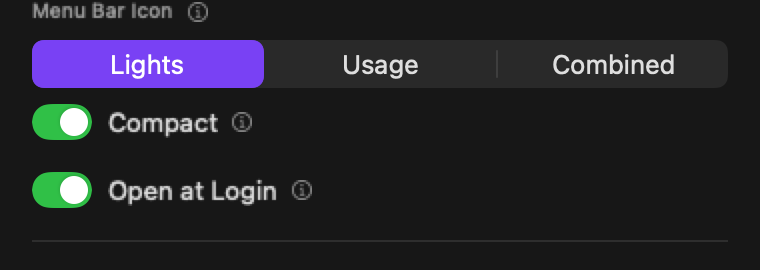 The macOS Menu Bar Icon settings with Lights, Usage, and Combined styles and the Compact toggle enabled