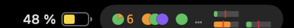 The macOS menu bar showing the Irrlicht icon with three project dot-groups, an overflow ellipsis for the rest, and two stacked quota bars for two separate subscriptions