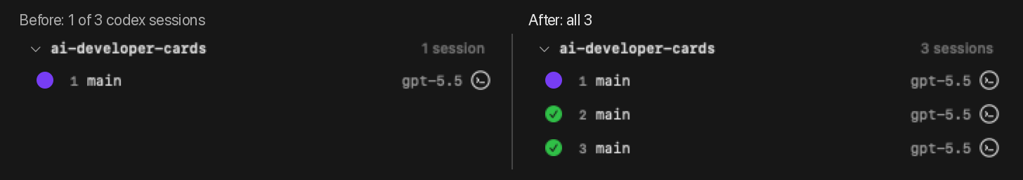 Before: one codex row in ai-developer-cards; after: all three