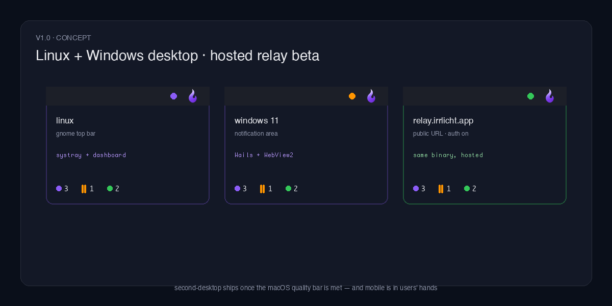 Concept: three tray-app thumbnails for Linux (GNOME), Windows 11 (notification area), and the hosted relay at relay.irrlicht.app